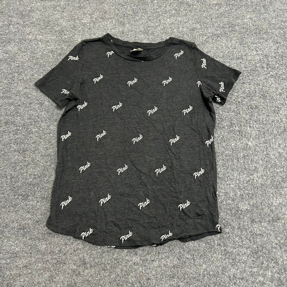 Pink T-Shirt Womens Size M Charcoal Gray All Over Logo Print Short Sleeve Casual
